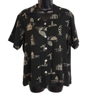 Robert Louis Silk Top Oyster Shell Buttons Nautical‎ Print Black Womens L